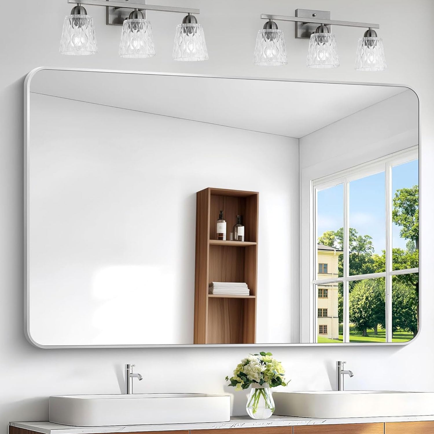 bonewei silver bathroom mirror,60x40 inch wall mirror for bathroom wall mounted,rectangle mirror for bathroom over sink,modern frame round corner for living room,bedroom entryway,horizontal/vertical