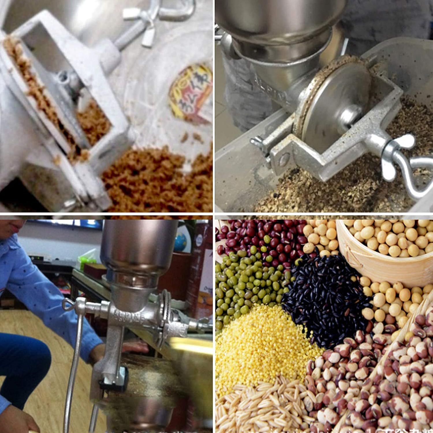 Grain Mill with Wood Handle,Manual Grinder Grain Crusher Kitchen Tool Equipment,Heightening Hopper&Durability Ease of Clean,Suitable for Corn Herbs Coffee Wheat,Silver