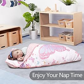 Primlect Thickened Toddler Nap Mat with Removable Pillow and Minky Blanket, Extra Large 55\'\'x35\'\' Sleeping Bag, Washable, Roll up, Perfect for Daycare, Preschool, Kindergarten, Girls Butterfly