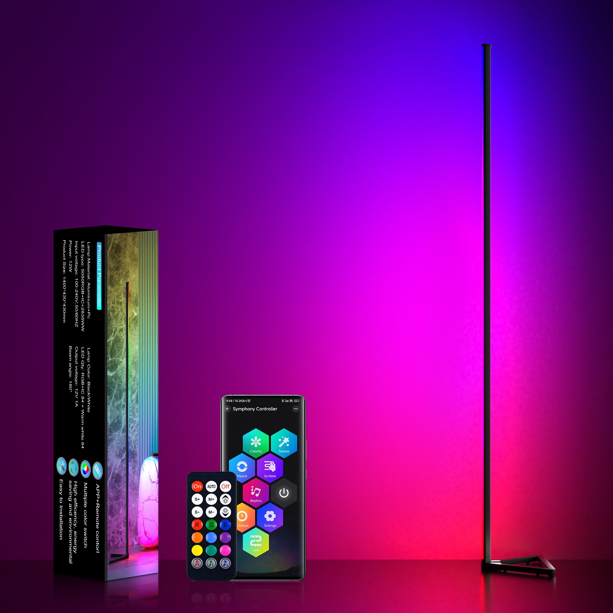 Lámpara LED Inteligente de Esquina con Control APP, Moderna Lámpara de Pie con Sincronización de Música y 16 Millones de Colores DIY para Dormitorio, Sala de Estar y Cuarto de Juegos