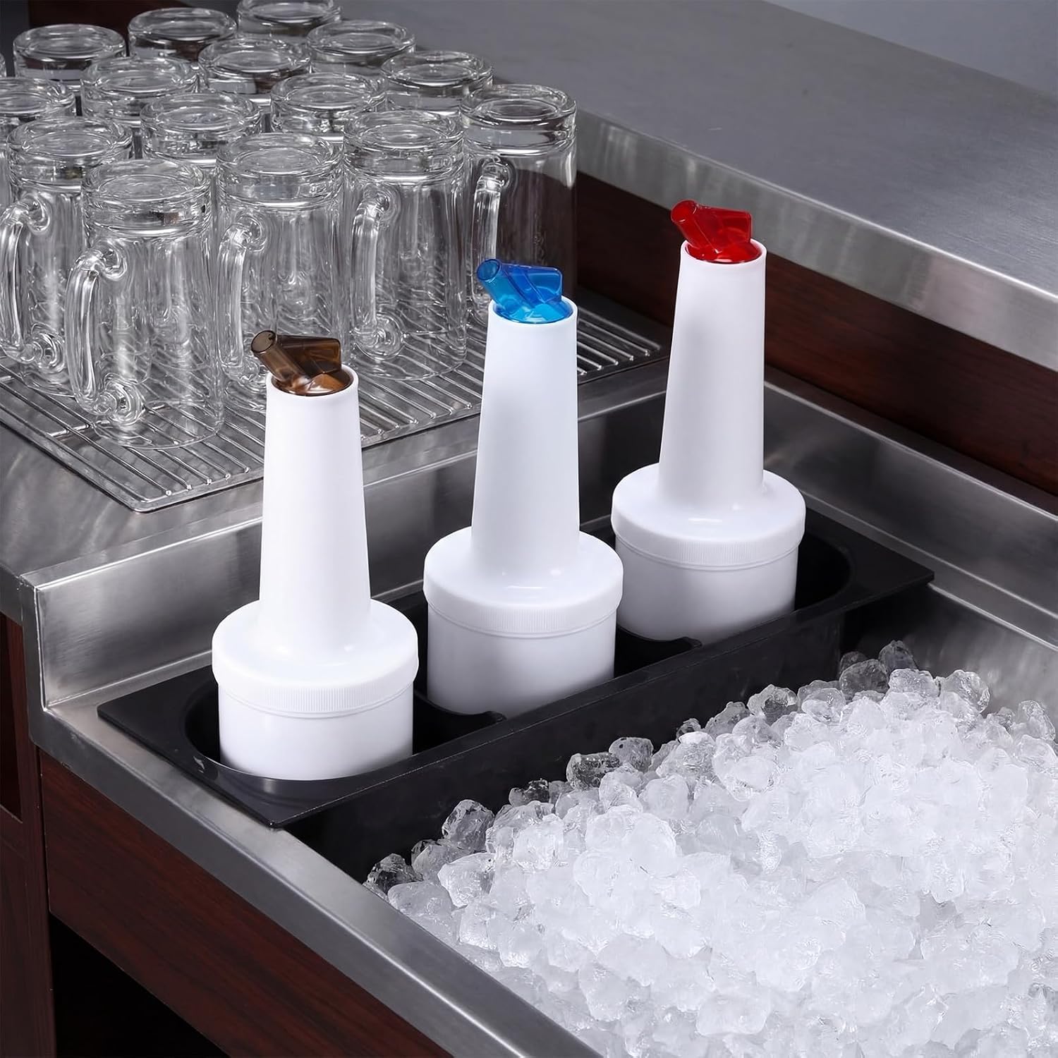 meekoo 6 Pcs 34 oz Bar Juice Pouring Bottles with 2 Pcs Plastic Bottle Holder for Ice Bins 6 Colors Plastic Juice Dispensers Store and Pour Containers for Bar Home Kitchen Party Supplies