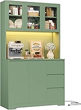 FirFurd Large Kitchen Cabinet, Dining Sideboard, Kitchen Cabinet, Kitchen Cabinet, Storage Cabinet, with LED Lighting, Power Strip, Microwave Countertop, 3 Drawers, 5 Doors 100 x 38.5 x 180 cm Green