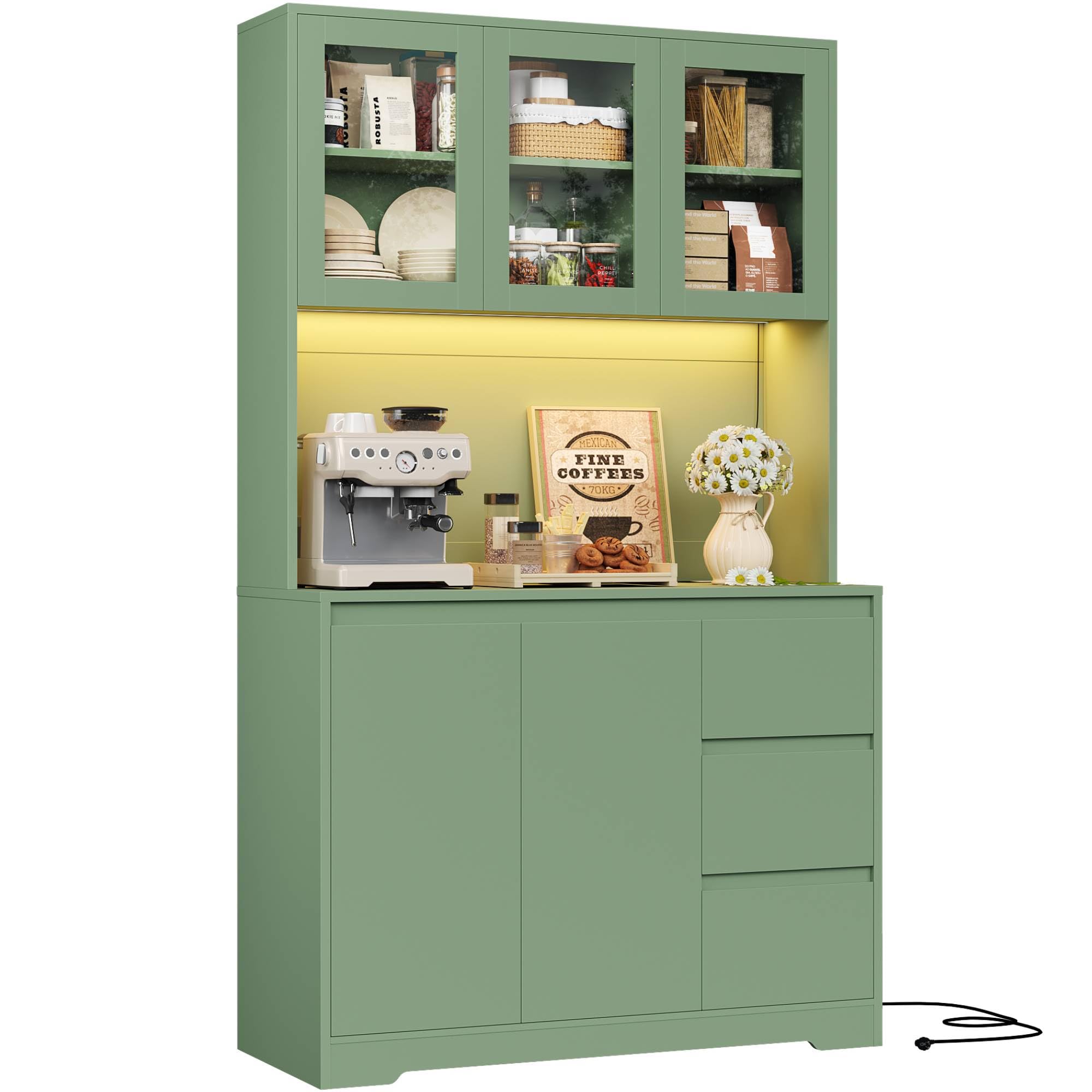 FirFurd Küchenschrank Buffetschrank mit LED Sideboard für Küche mit Steckdosenleiste Küchenschrank mit Arbeitsplatte und 3 Schubladen Küchenbuffet mit verstellbares Regal 180x100x38.5 cm Grün