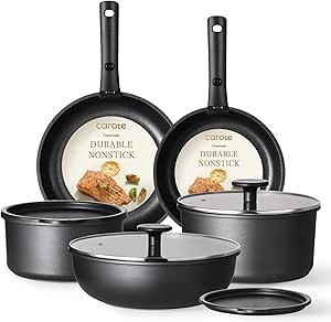 CAROTE Pots and Pans Set Non Stick, Cookware Set Detachable Handle, Nonstick Induction Kitchen Sets Non Stick with Removable Handle, RV Cook Ware, Oven Safe, Black