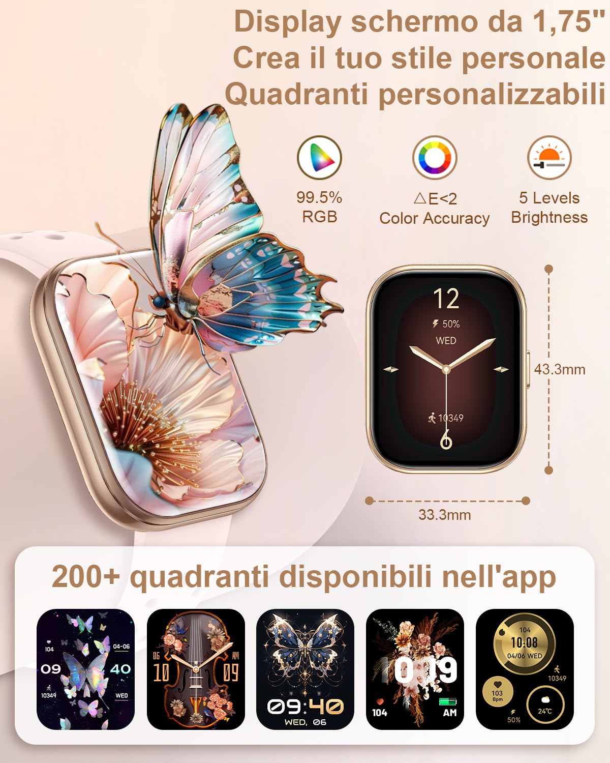 Orologio Smartwatch Donna con Chiamata 4 Cinturini 1.75" Orologio Donna con Contapassi Sonno Frequenza Cardiaca SpO2 Calcolatrice 110+ Sportive Smart Watch per Android iOS, Oro Rosa