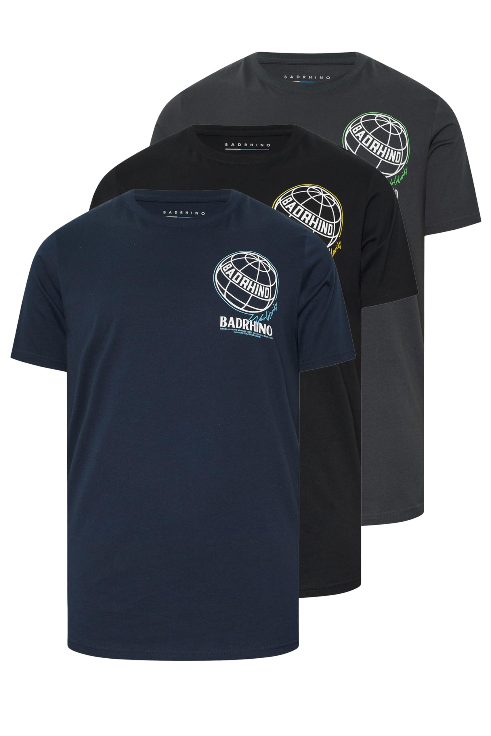 BadRhino Big & Tall 3 Pack & Navy Blue Worldwide Graphic T-Shirts - Men's - Plus Size Curve