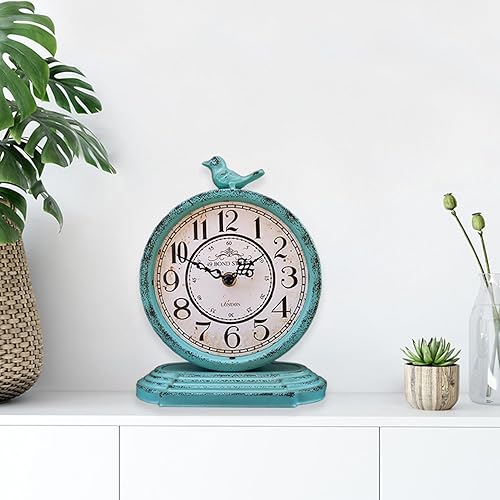 Miniatura 2 de HZDHCLH Reloj de mesa vintage con pájaro, reloj de repisa retro, funciona con pilas, reloj de metal para sala de estar, estante, escritorio, mesa,