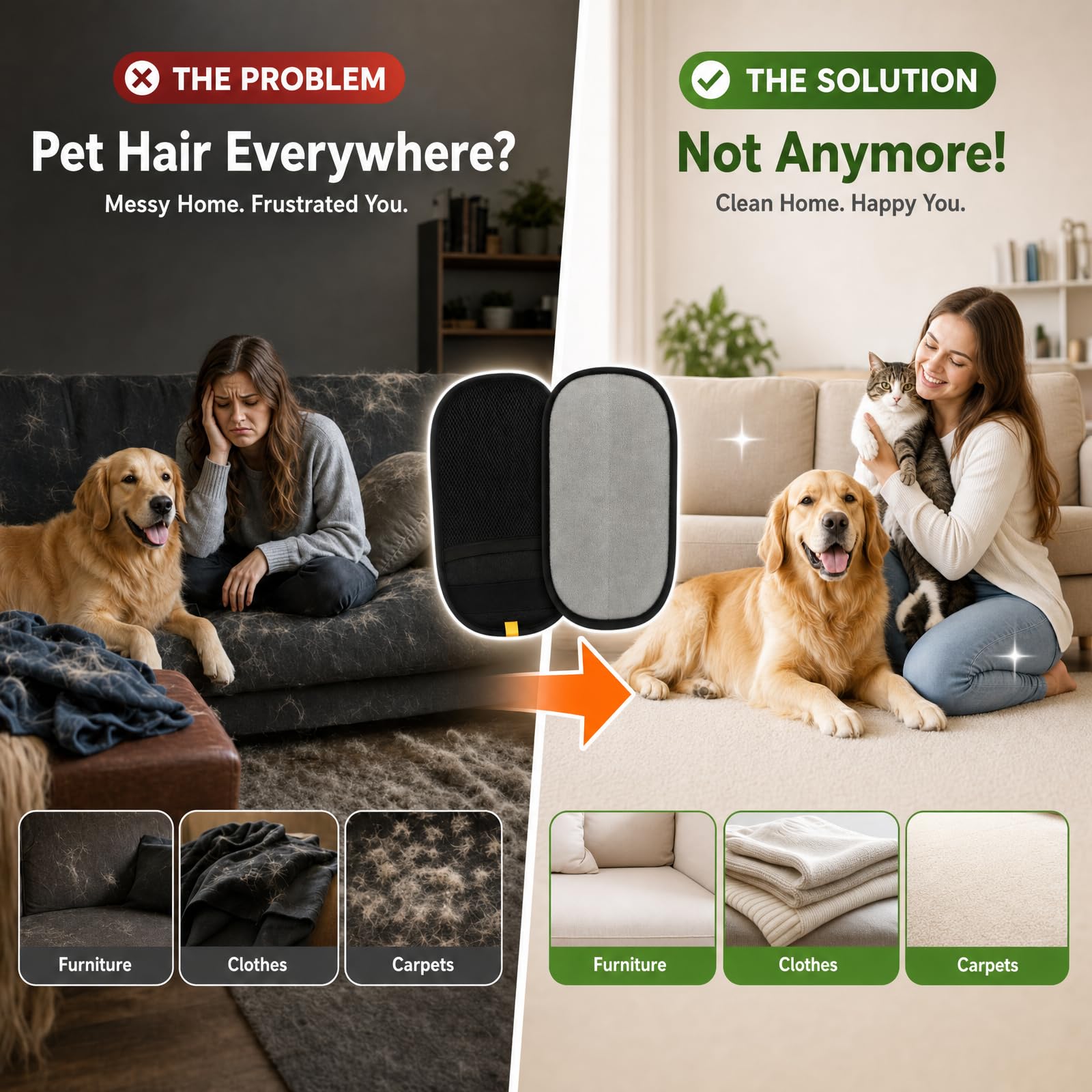 Mepham Tierhaarentferner Handschuh - Fellmagnet für Katzenhaare & Hundehaare, Doppelseitiger Haarentferner Tierhaare, Waschbar & Wiederverwendbar, Fusselhandschuh für Sofa, Kleidung & Auto