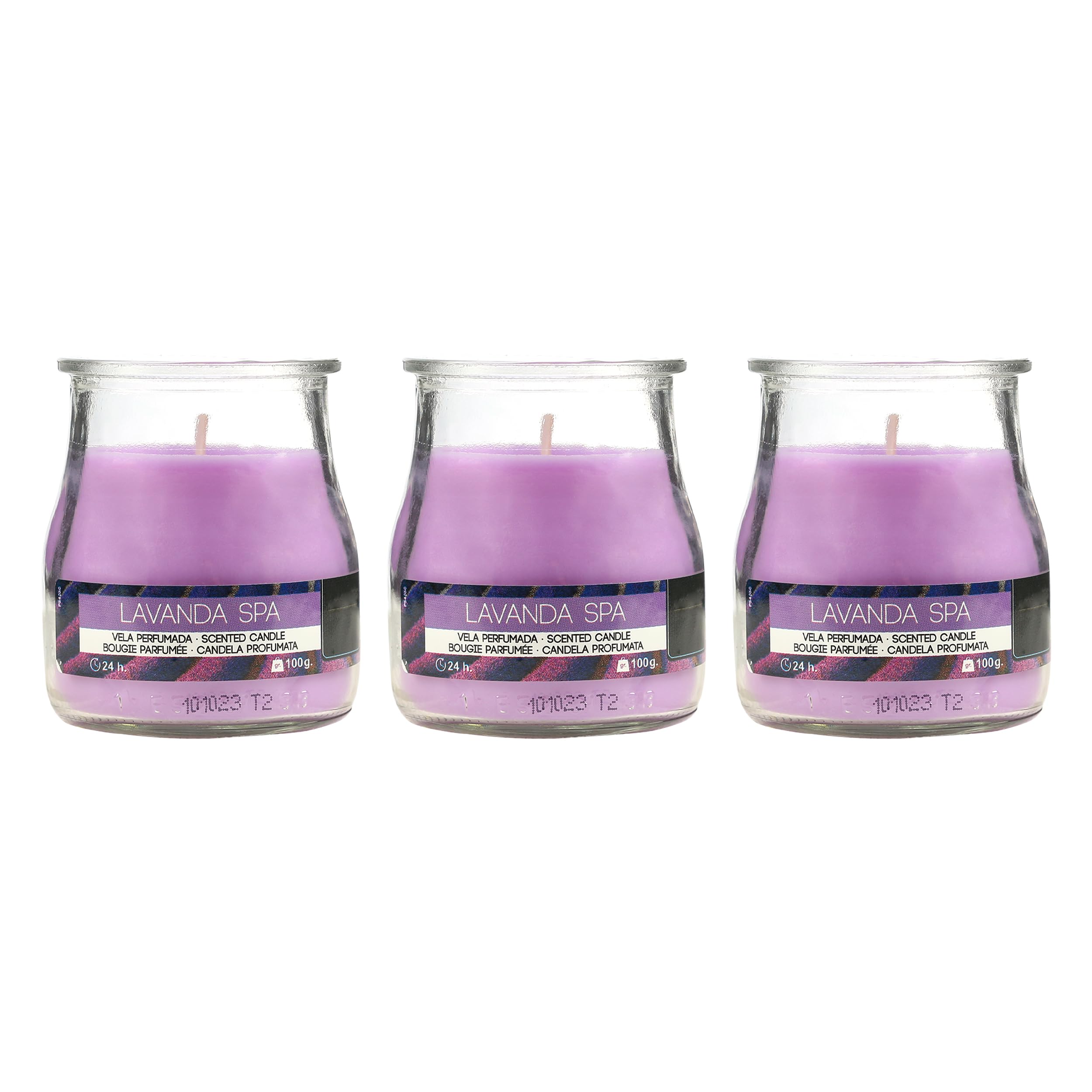 Pack de 3 Velas Aromáticas en Vaso de Yogurt de Cristal Reciclable - 24h de Duración，Cera Vegetal Perfumada, Fabricadas en España, 7x6cm (Lavanda Spa)