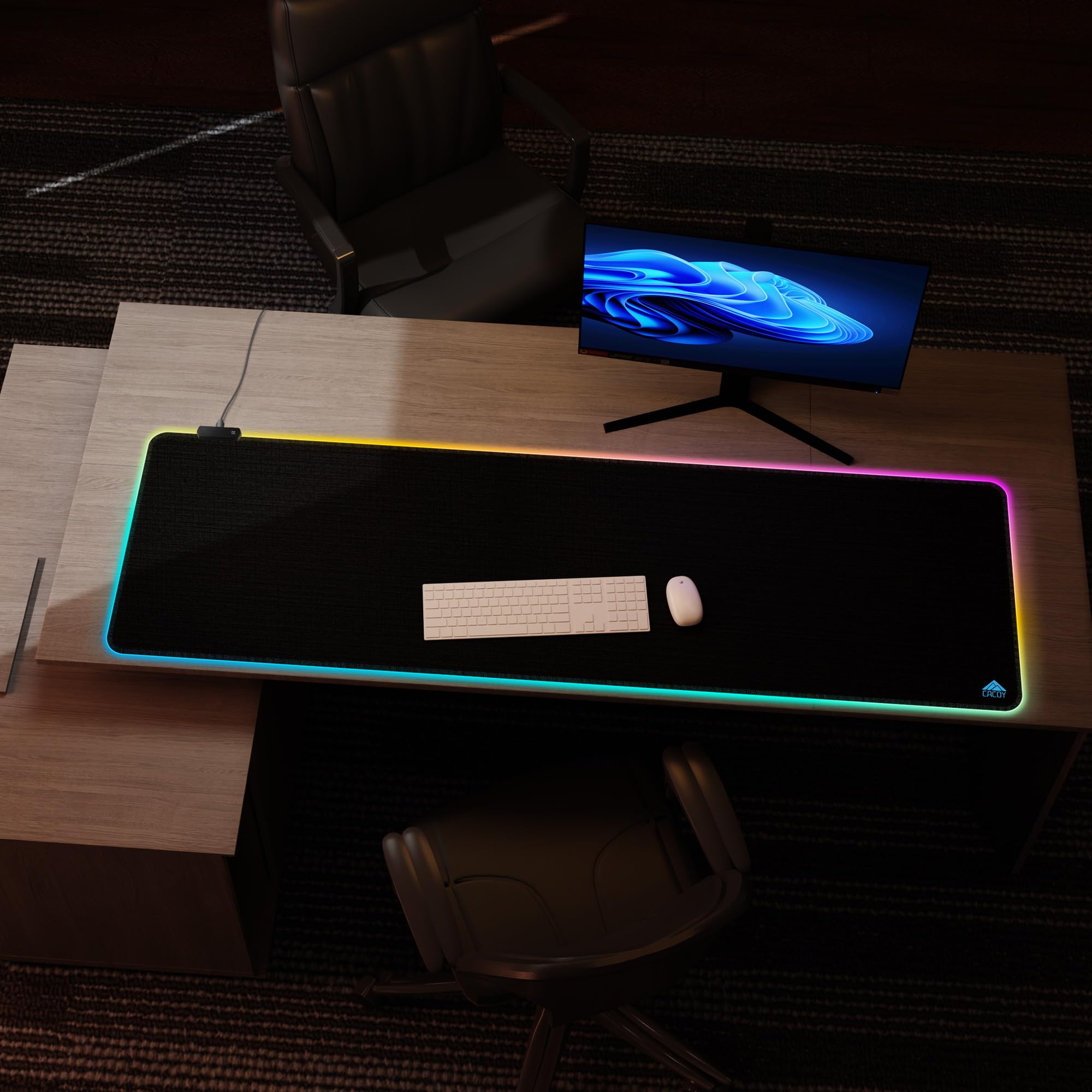 Cacoy 1600x500 mm RGB Tapis de Souris Gamer, Étendu LED Lumineuse Tapis de Souris Multicolore 9 Modes, Grande Mouse Pad Tapis de Bureau XXL Résistant à l'eau et Antidérapant pour Jeux et Bureau, Noir