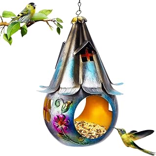 Bird Feeder, Bird Feeders for Outdoors Hanging, Bird Houses for Outside Ornament with LED Light, Solar Garden Lantern Bird Feeders with S Hook as Gift Ideas for Bird Lovers