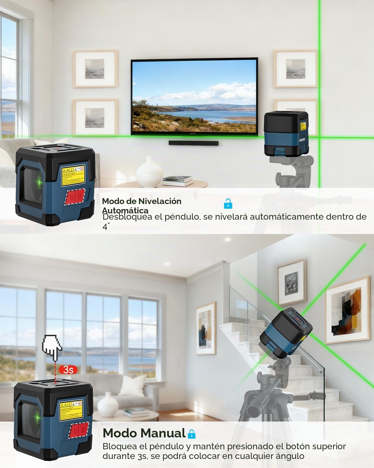 Nivel Láser Verde,RockSeed Láser Nivel Cruzado Horizontal y Vertical Láser Autonivelación Giratorio de 360 grados con Modo Manual/Autonivelante IP54 Bolsa de tela, Batería Incluida