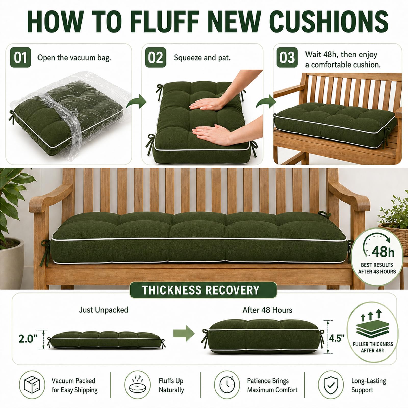 Cuscino Panca 8cm, Cuscino per panchina da Esterno Impermeabile. Imbottitura in Cotone PP, 2 Cinghie, Ideale per Giardino. Sottovuoto di qualità Premium.,Verde,100x30x8cm
