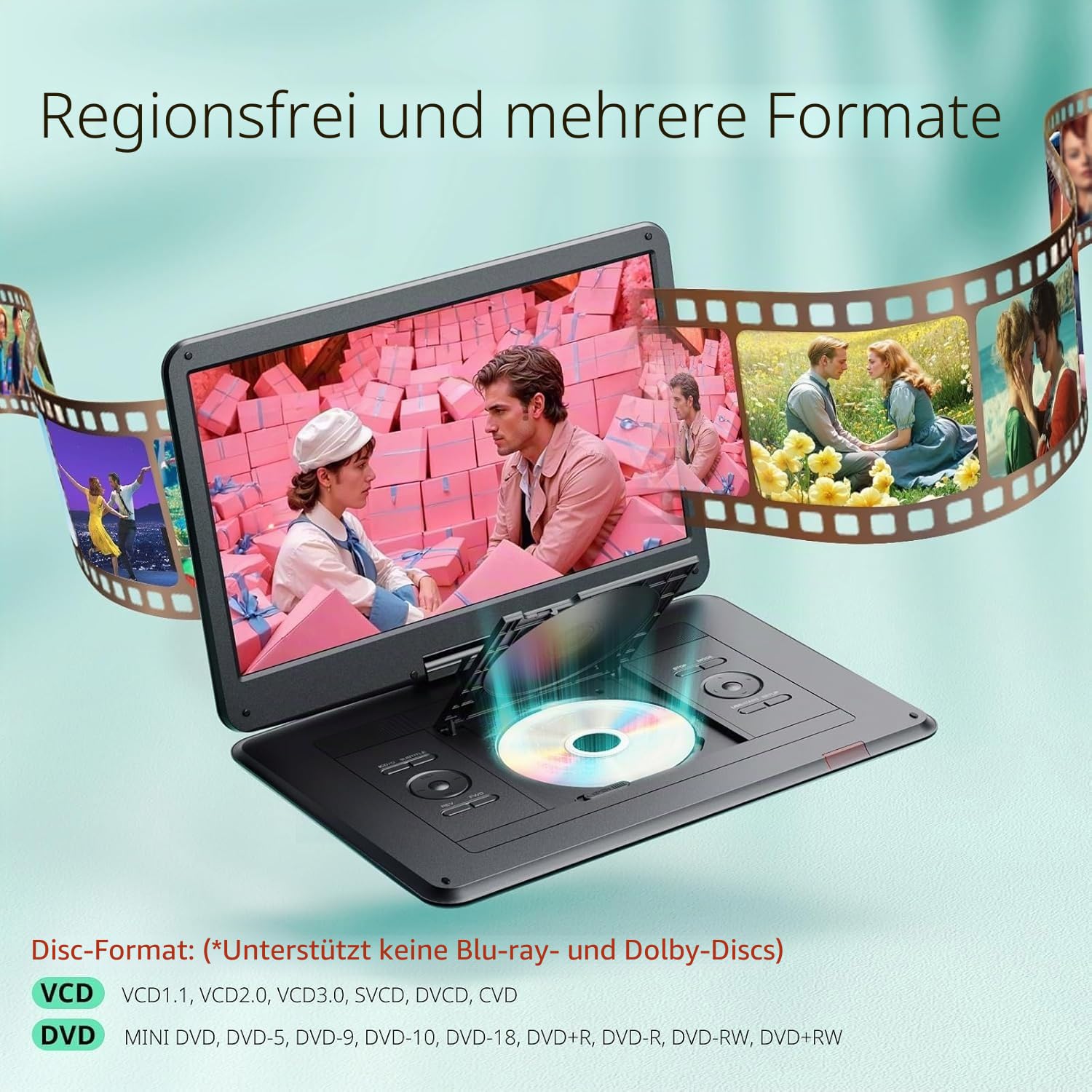 Yoton 17,5-Zoll Tragbarer DVD-Player mit 15,6-Zoll HD-Drehbildschirm, 6h Akkulaufzeit, Dualen Stereo-Lautsprechern, Regionscodefrei, SD/USB-kompatibel, TV/Beamer-Anschluss
