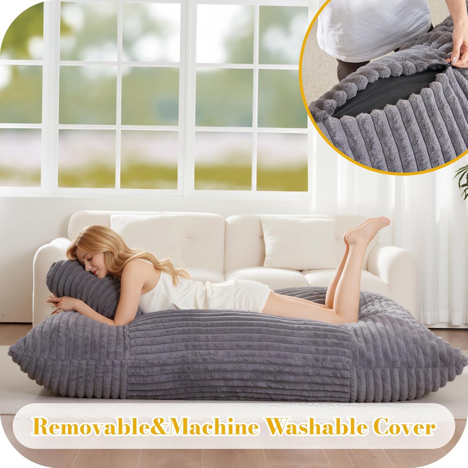 5 in 1 Bean Bag Chair with A Roll Pillow,Giant Bean Bag Chairs for Adults,Ultra Soft & Machine Washable Cover,Convertible Sofa Bed Floor Couch Lounger for Living Room,Bedroom - Image 6