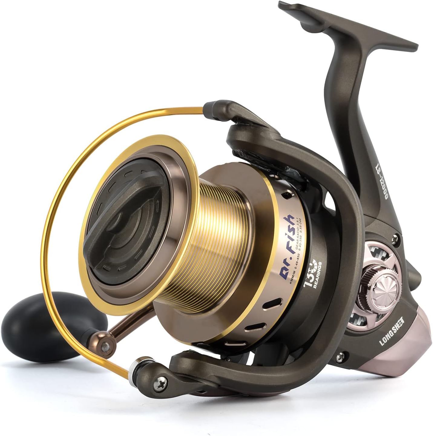 Dr.Fish Long Shot Spinning Reel, 10000/12000 Saltwater Surf Fishing Reel, 13+1 BBS, 48LB Max Drag, Ultra High Capacity, Heavy Duty Long Cast Offshore Trolling Surf Casting
