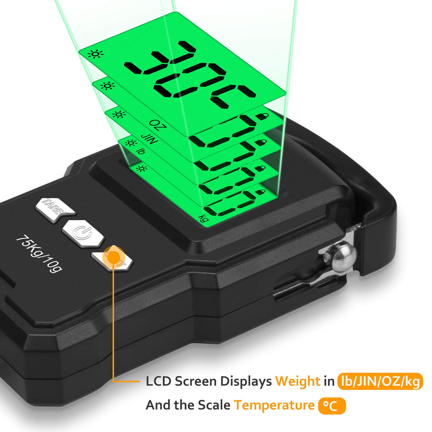 Bilancia da pesca Sansoak 165lb / 75kg Schermo LCD retroilluminato Bilancia elettronica portatile Bilancia da pesca digitale con gancio di misurazione Righello, borsa per il trasporto e batterie 2AAA
