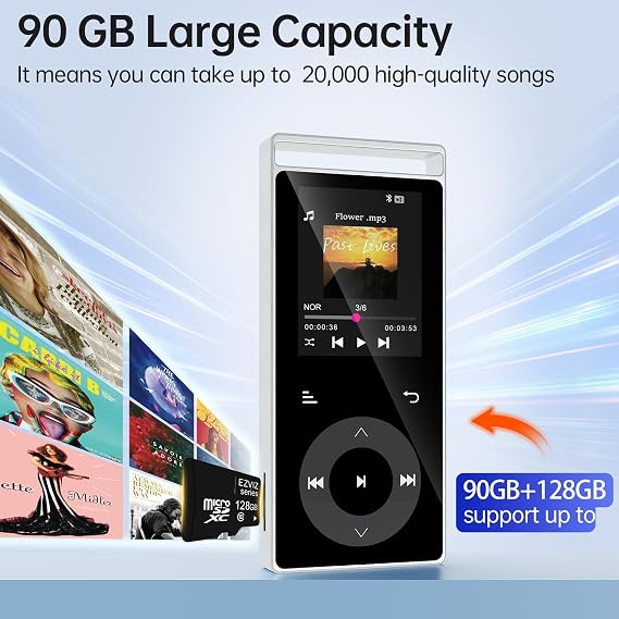 90G MP3 Players with Bluetooth 5.3, Hi-Fi Portable Music Player (Slive) | MP3 Player with Built-in Touch Buttons, E-Book, Color Screen, FM Radio, Supports up to 128GB, Earphones Included