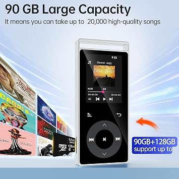 90G MP3 Players with Bluetooth 5.3, Hi-Fi Portable Music Player (Slive) | MP3 Player with Built-in Touch Buttons, E-Book, Color Screen, FM Radio, Supports up to 128GB, Earphones Included