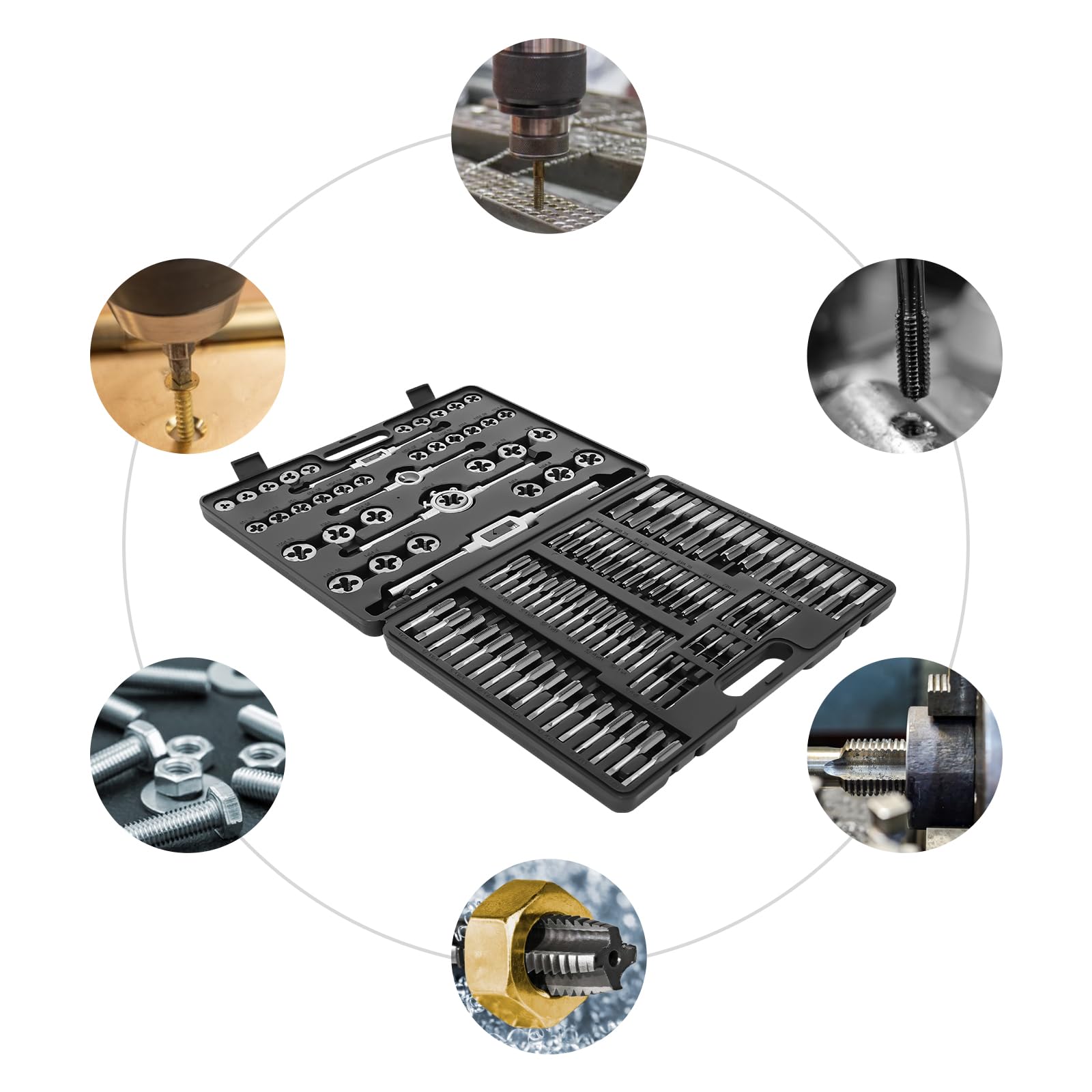 Set di 110 pezzi filettati in acciaio legato, valigetta in plastica, dotata di impugnatura a T, filettatura M3-M6 e 2 chiavi M3-M12/M6-M20