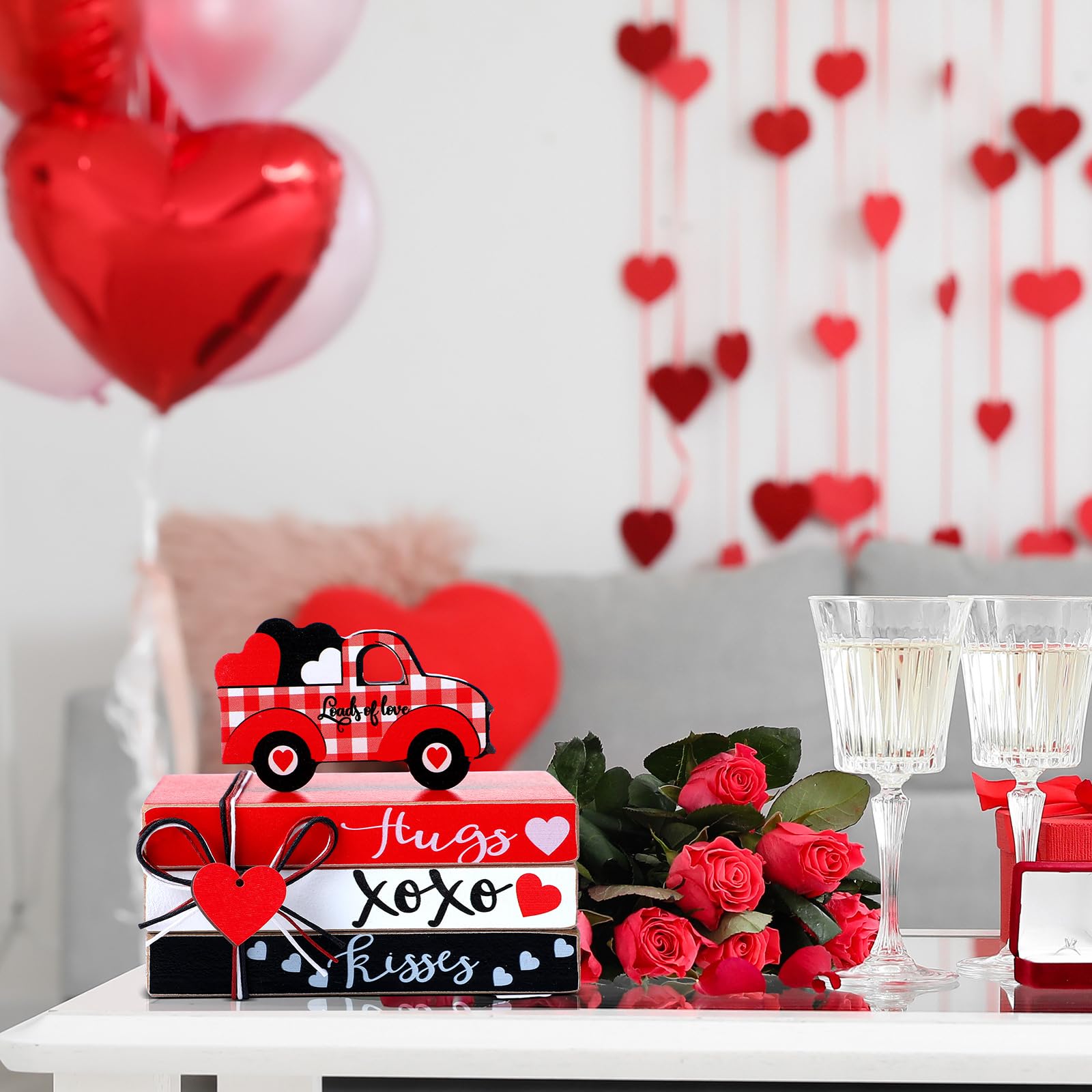 Pinkunn Decorazioni San Valentino In Legno, Set Libri Impilati Con Scritte XOXO, Auto E Cuore, Per Mensole E Tavoli