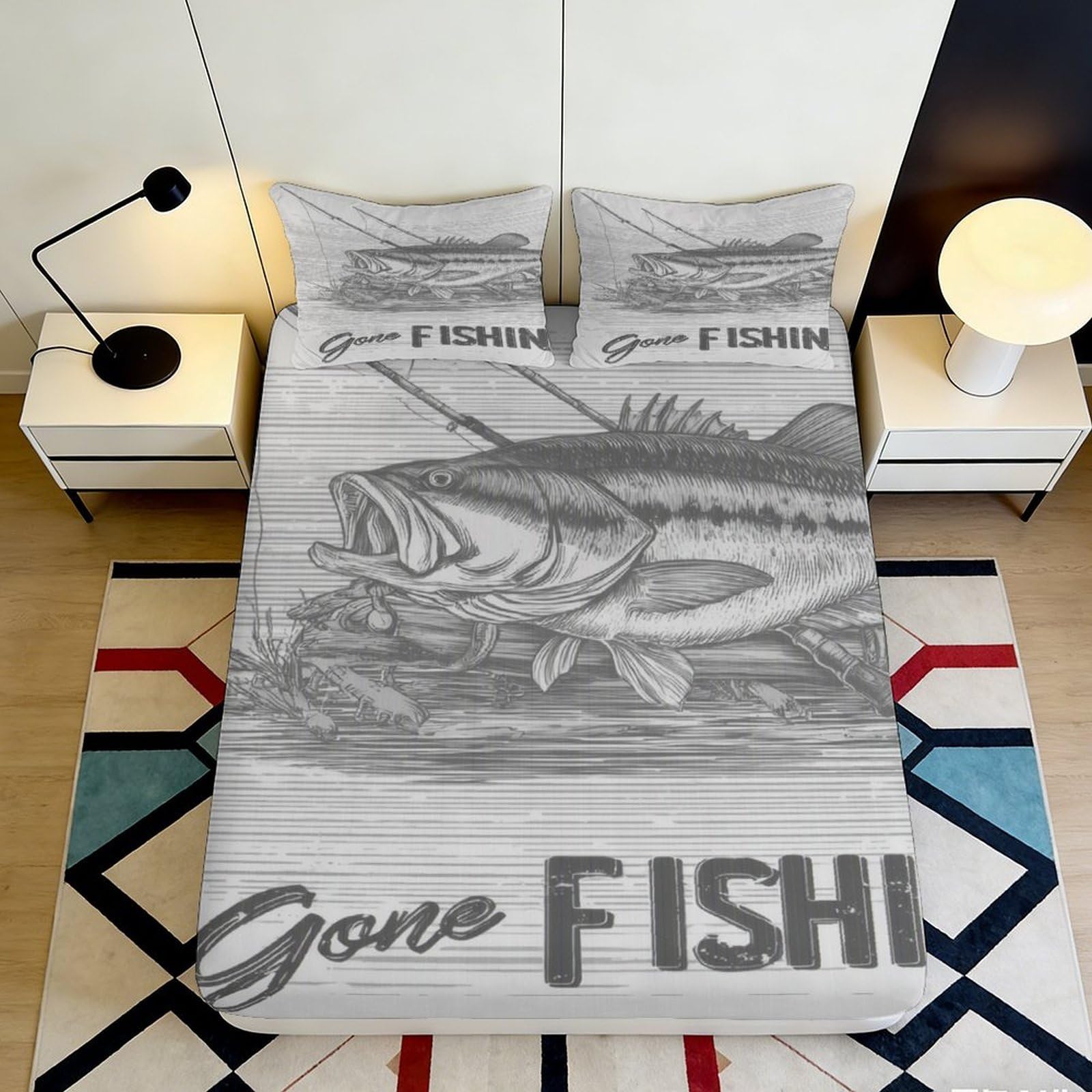 3D Printed Gone Fishing Fitted Sheet Microfiber Soft Breathable Fish Graphic Mattress Cover Bedroom Decor Protection 90x200x25cm