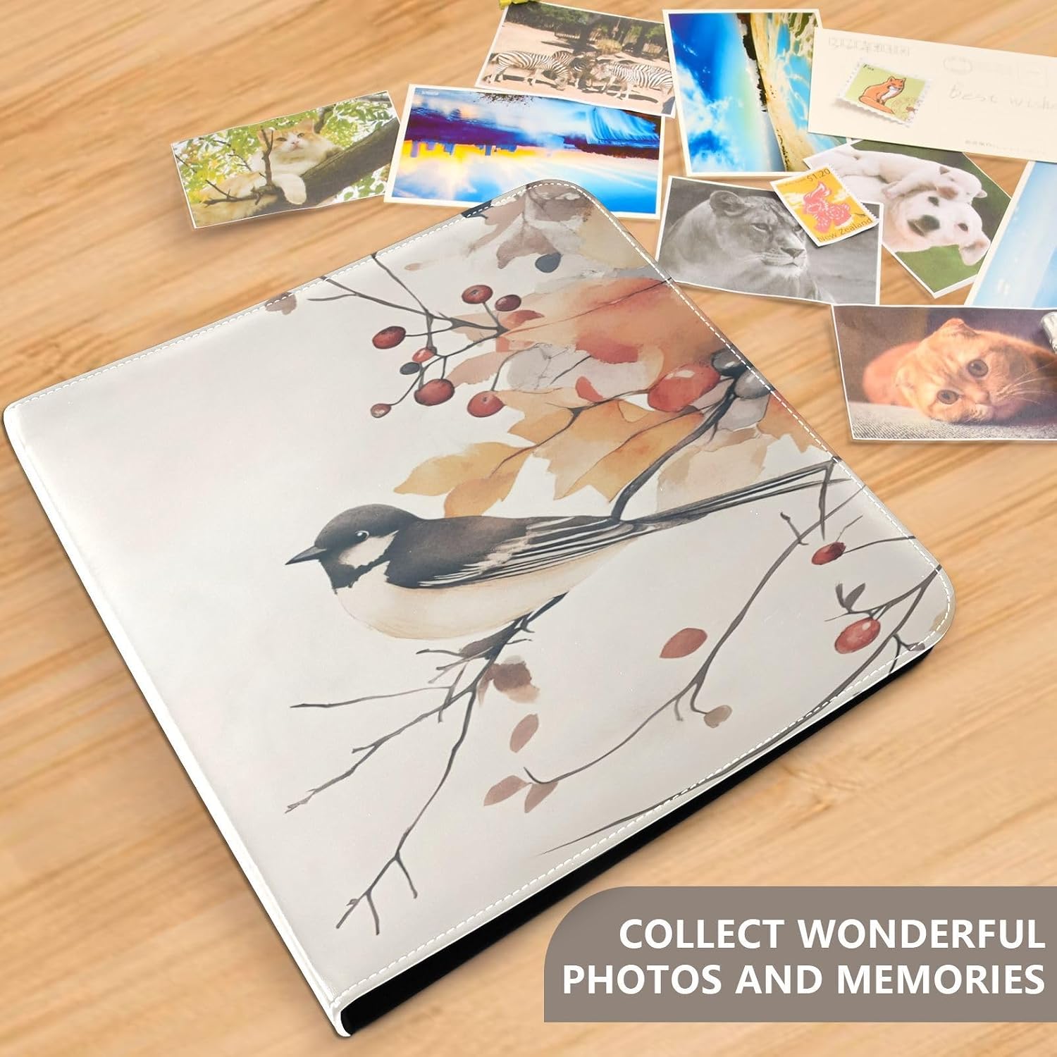 Watercolor Birds Leather Photo Album Self Adhesive Scrapbook, 20 Detachable Pages DIY Scrapbook Album for Family Postcard Journal