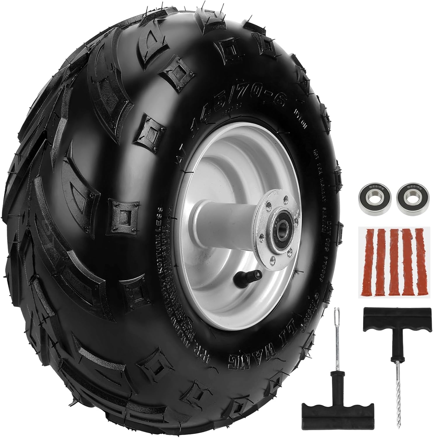 145/70-6 Tires, Mini Bike Wheels Rims and Tires Assembly Kit Compatible with Coleman CT100U CC100X Baja DB30 Motovox MBX10 MBX11 Monster Moto 80cc 105cc Minibike Go Kart Parts Rear V-Tread Tire