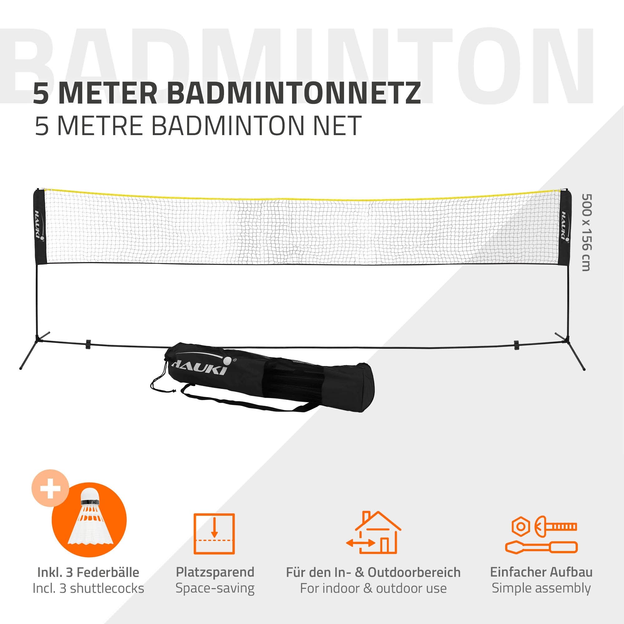Hauki Rete da Badminton Tennis Pallavolo 400 cm / 500 cm, Nero/Blu, H156 cm, 3x Volani, con Borsa per Trasporto, Telaio in Ferro Stabile Rete da Allenamento per Interni ed Esterni
