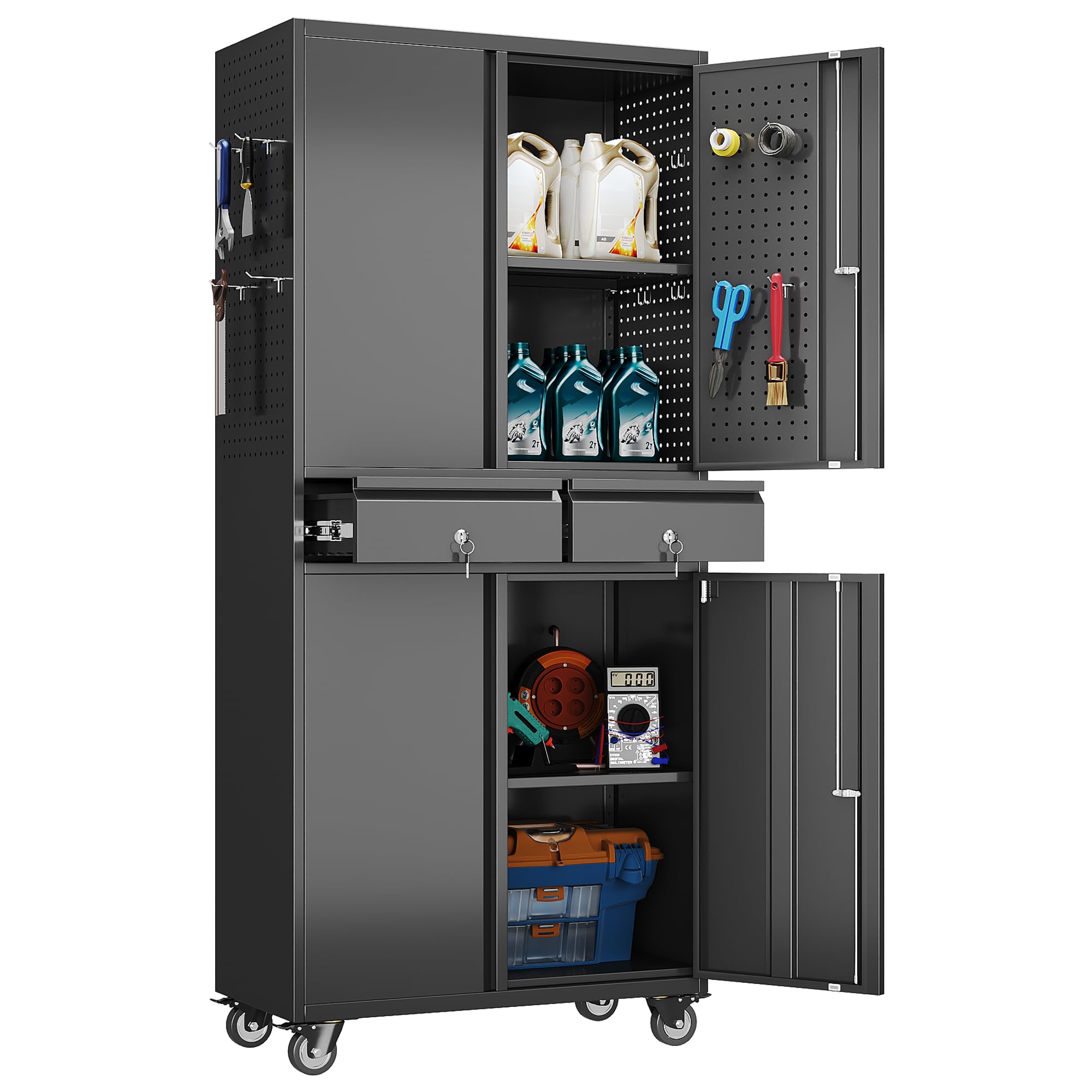 SUXXAN 71" Metal Garage Storage Cabinet with 8 Hooks and Pegboards,2 Drawer Rolling Tool Storage with Locking Doors and Adjustable Shelves,Heavy Duty Steel Tool Cabinet for Garage, Warehouse