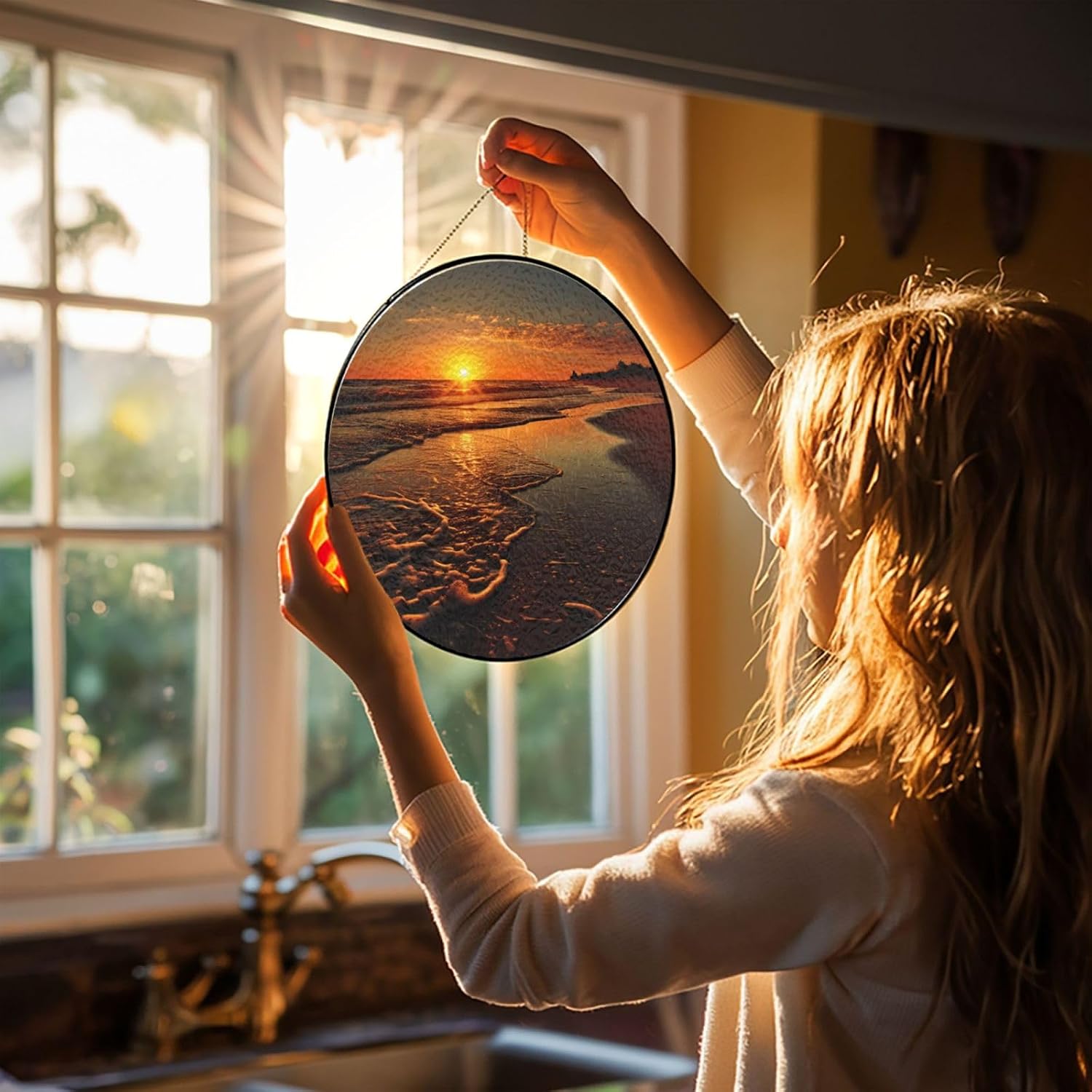 Orange Sunrise Beach Stained Glass Suncatcher for Window Hanging Sun Catcher Ornament for Women Men Suncatcher for Home Decor, 10in（25cm） Round Glass Ornament for Mother's Day Birthday Gift