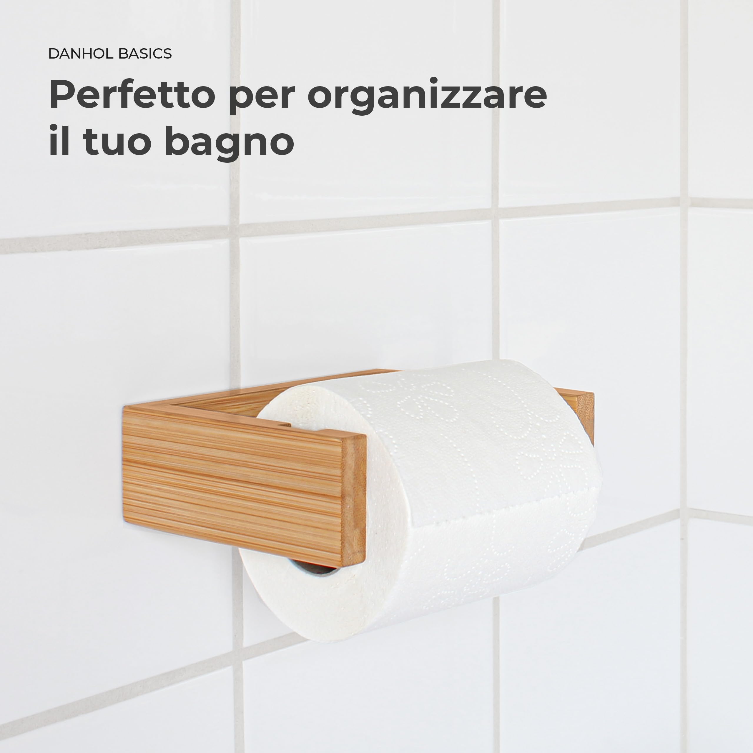 Set bagno accessori completo | Accessori bagno senza forare (Adesivo) | Kit bagno accessori completo | Porta rotoli carta igienica + 2 Ganci asciugamani + Porta asciugamani (Legno bamboo)
