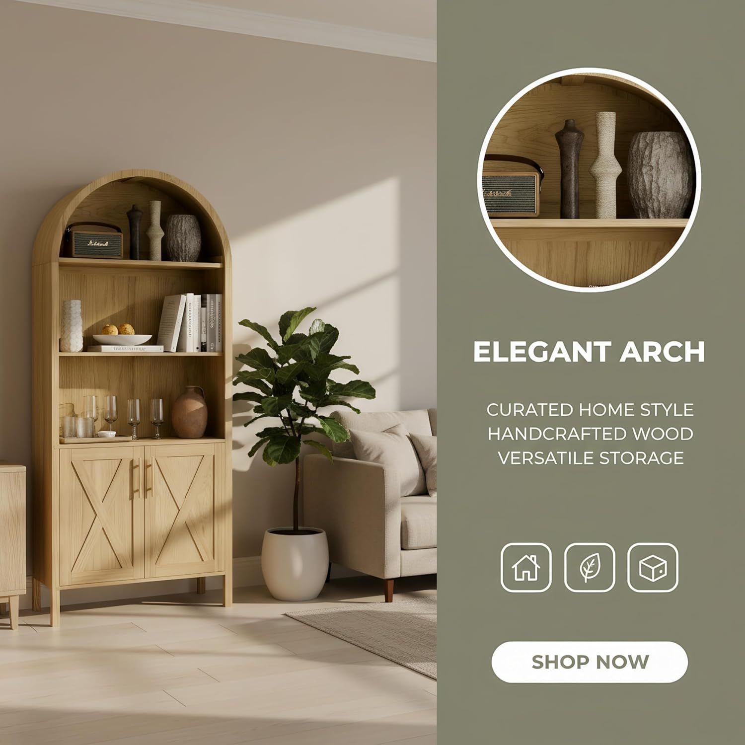 Arched Storage Bookshelf, The Original 4-Tier Bookcase with Doors, 60" Mini Farmhouse Display Bookcase Cabinet, Modern Wooden Storage for Home Office Living Room Library, Oak