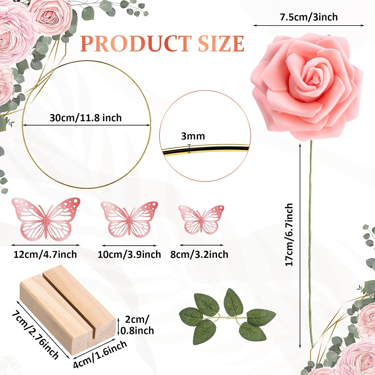 6 Pack Floral Hoop Centerpieces Table Decorations Kit Include 6 Metal Wreath Ring with 6 Wood Base 50 Rose Flower 12 Faux Butterfly for DIY Home Wedding Table Decor(Gold Hoop, Pink Rose)