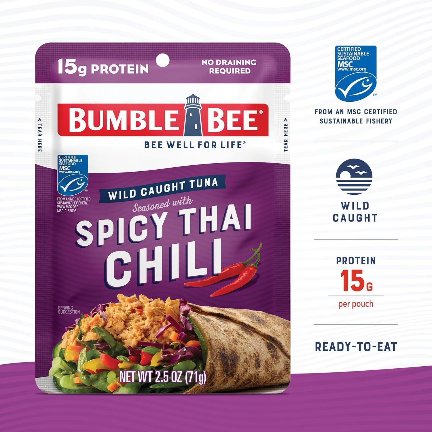 Bumble Bee Seasoned Tuna Pouch Bold Flavors Bulk Bundle (24 Total Pouches) - Lemon & Pepper Tuna and Spicy Thai Chili Tuna - Ready to Eat 2.5 oz Packets