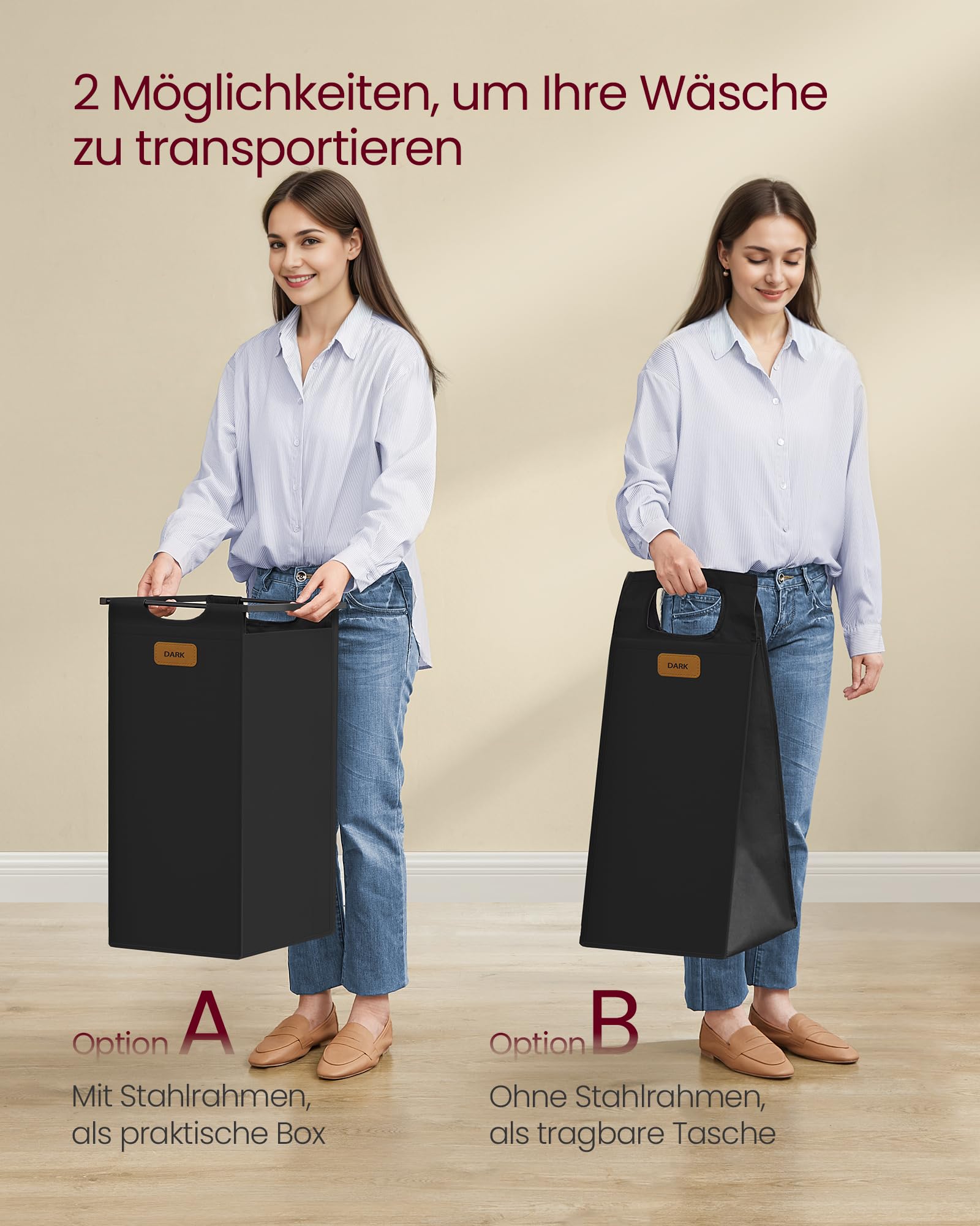 VASAGLE Wäschekorb 2 Fächer, Wäschesammler 100 L, Wäschesortierer, Rollen, Wäschewagen mit Ablagen, Wäschesack, mit abnehmbaren Taschen, 6 Etiketten, kastanienbraun-tintenschwarz-taubengrau BLH311B02