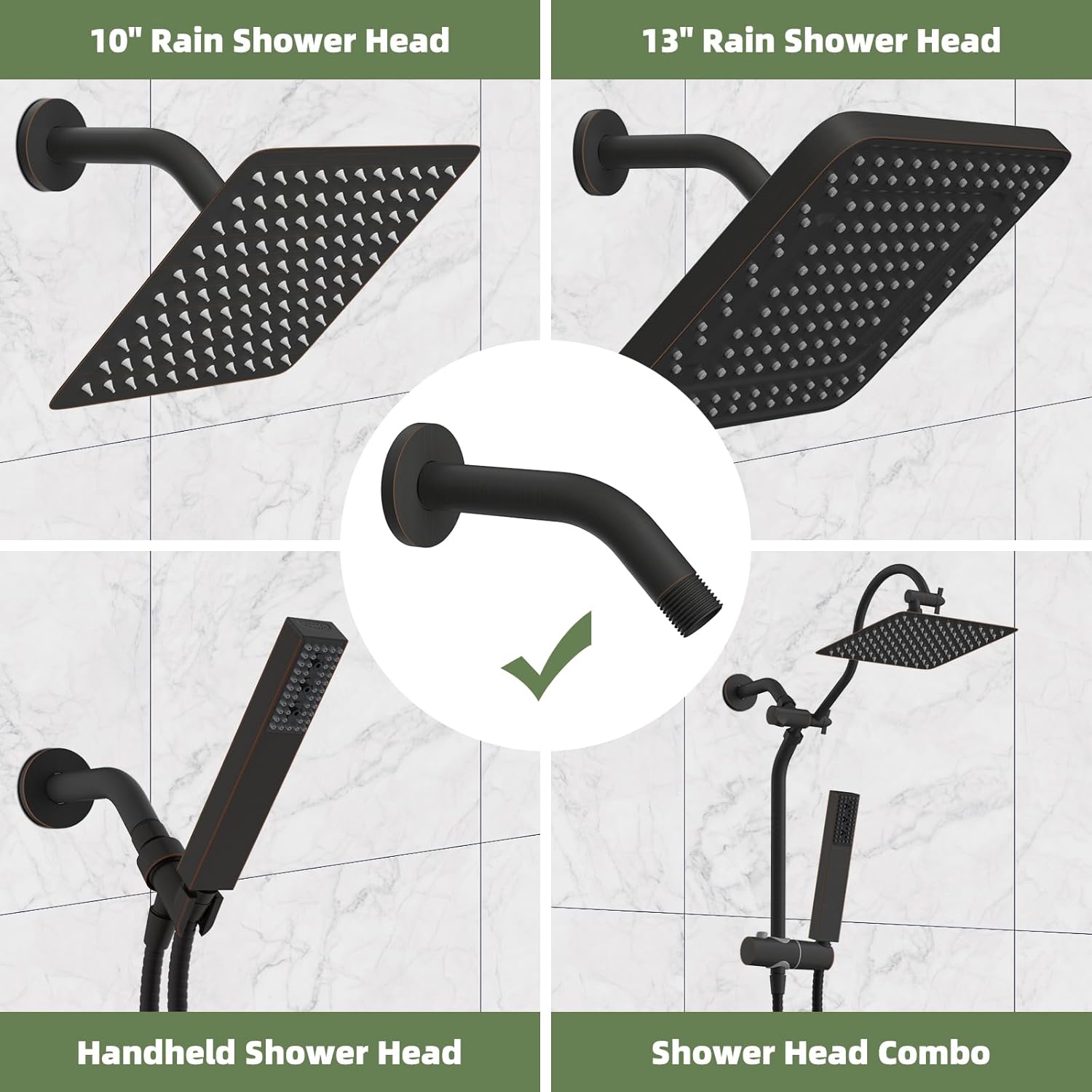 Hibbent All Metal 10'' Rainfall Shower Head, Shower Head Combo, Handheld Shower Wand, 16'' Adjustable Arc-shaped Shower Extension Arm with 6 Inch Shower Arm with Flange, Oil Rubbed Bronze