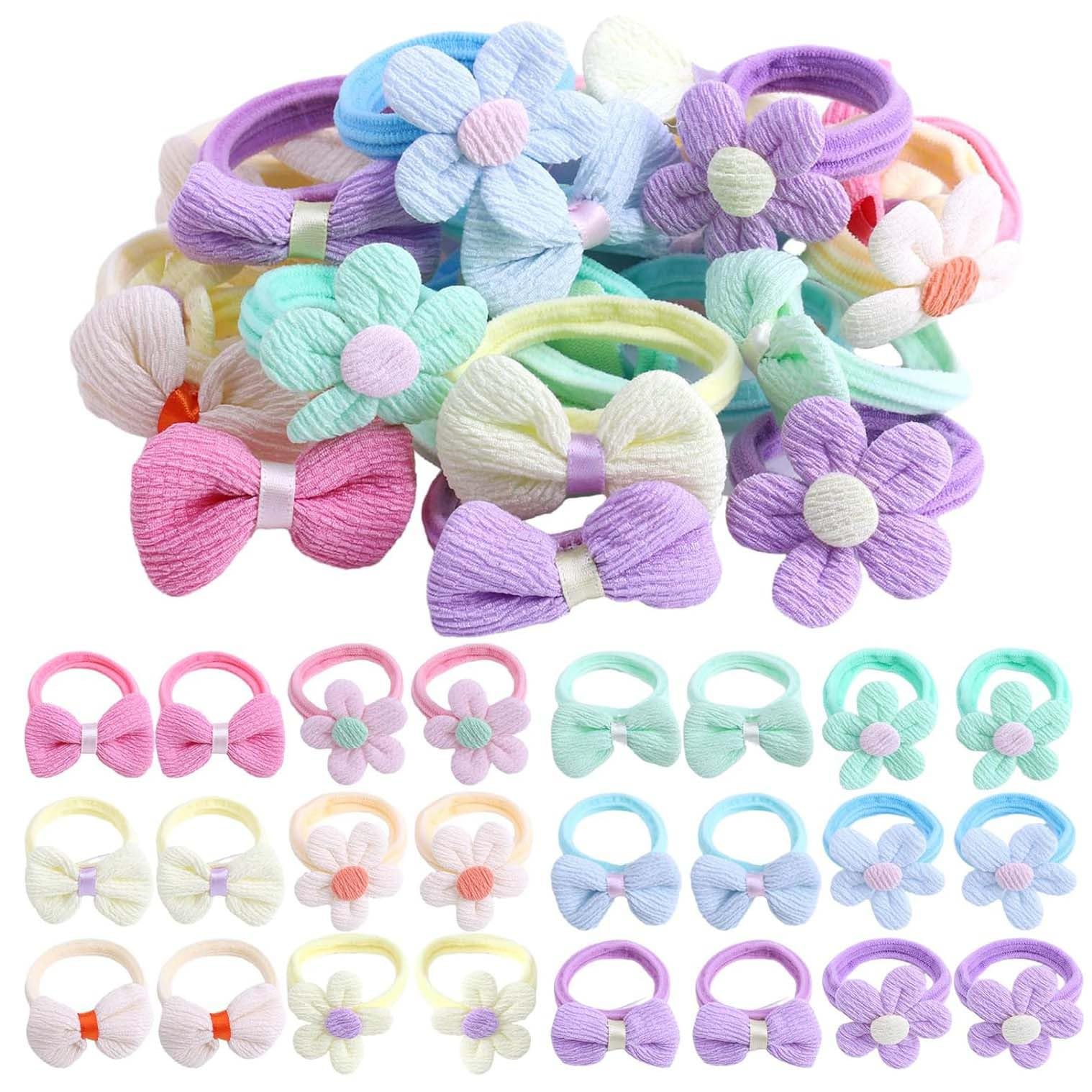Toddler Girls Hair Ties, 24PCS Baby Flower Bows Hair Tie Cute Elastic Scrunchies, Seamless Ponytail Holders, Little Girls Hair Accessories for Thick Hair, Candy Colors
