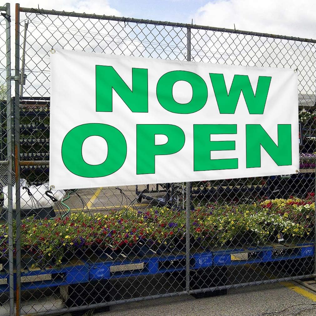 Vinyl Banner Multiple Sizes Now Open Green B Business Outdoor Weatherproof Industrial Yard Signs 4 Grommets 16x40Inches