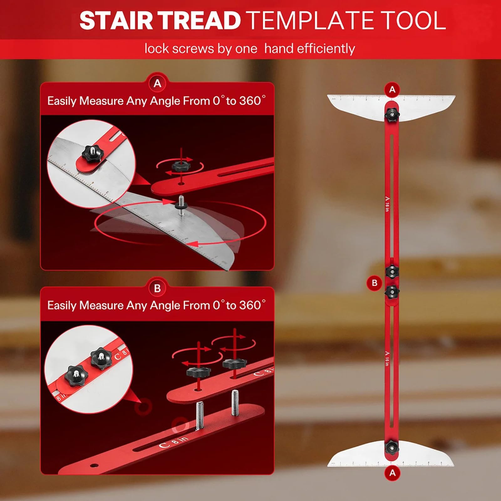 Herramienta de medición de peldaños de escalera de aluminio, herramienta de medición de peldaños de escalera de 10 a 53 pulgadas con herramienta multifuncional