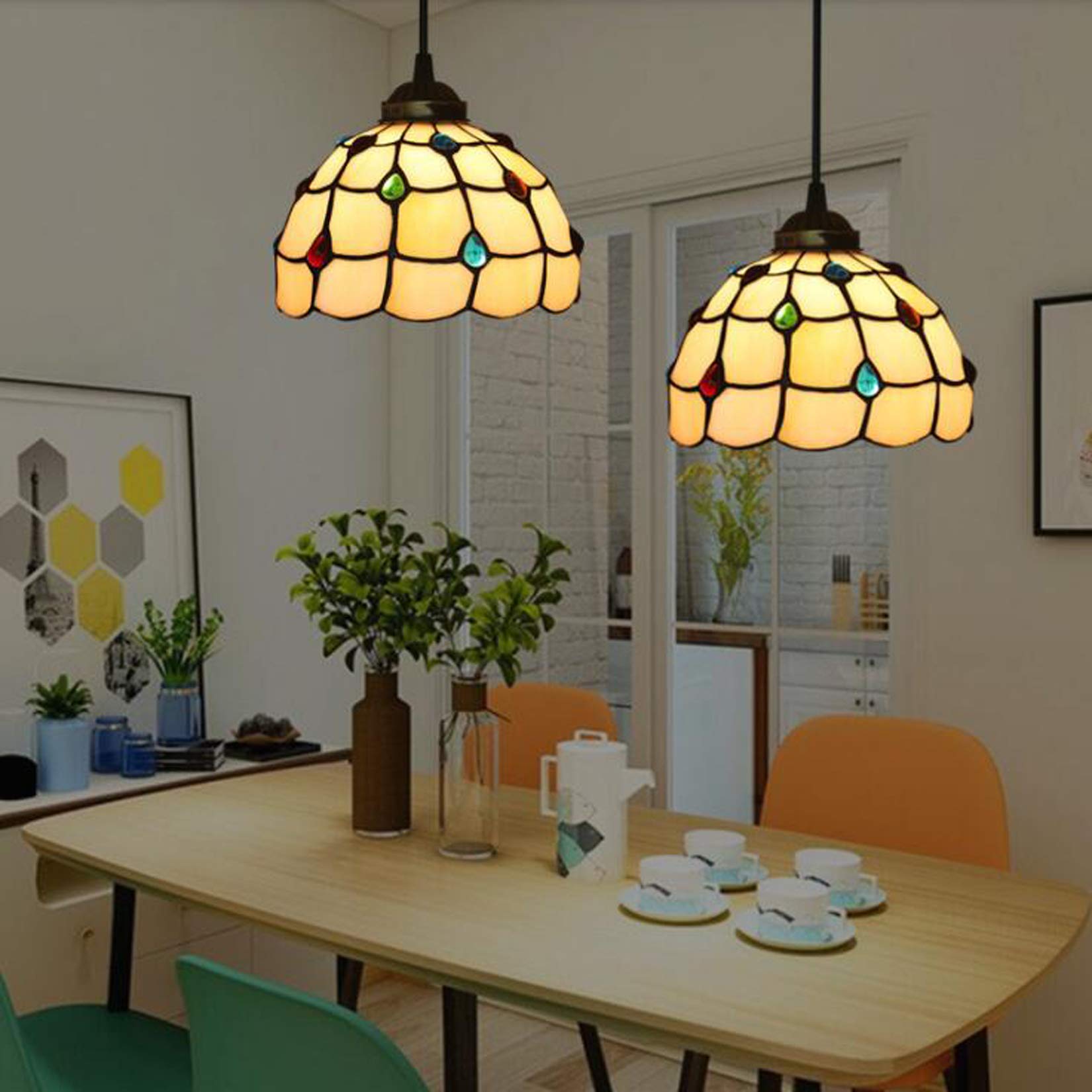 Żyrandol Vintage Witraż Klosz Lampy Sufit Wisząca Lampa Wisząca 2 Światła Oprawa Regulowany Przewód Drut Jadalnia Sypialnia Lampa 110-240 V E27 D