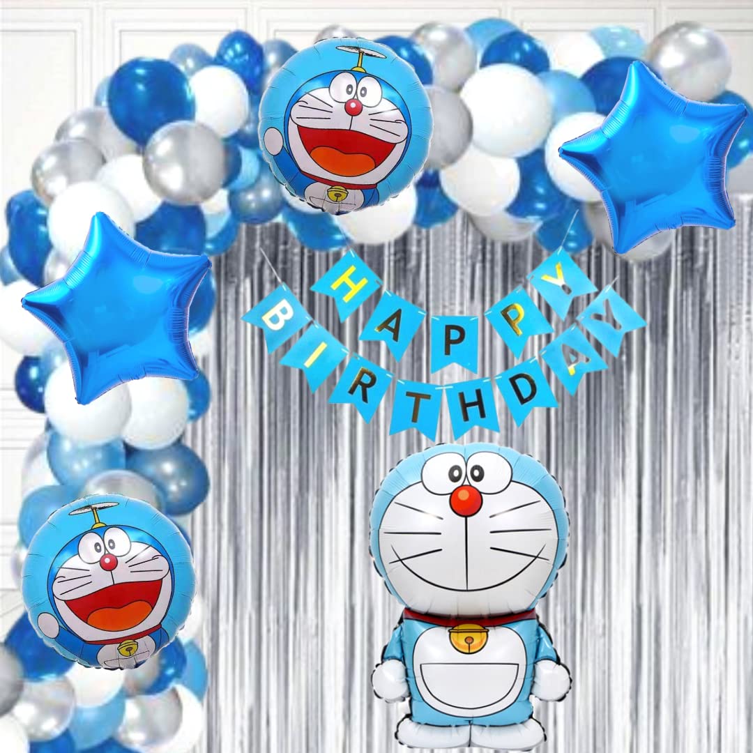 Party town Doremon theme decoration combo for boys and girls theme birthday party with Metallic balloons | Minion foil balloons | Star foil | Balloon arc | Glue dots - (Pack of 70) (Doremon)
