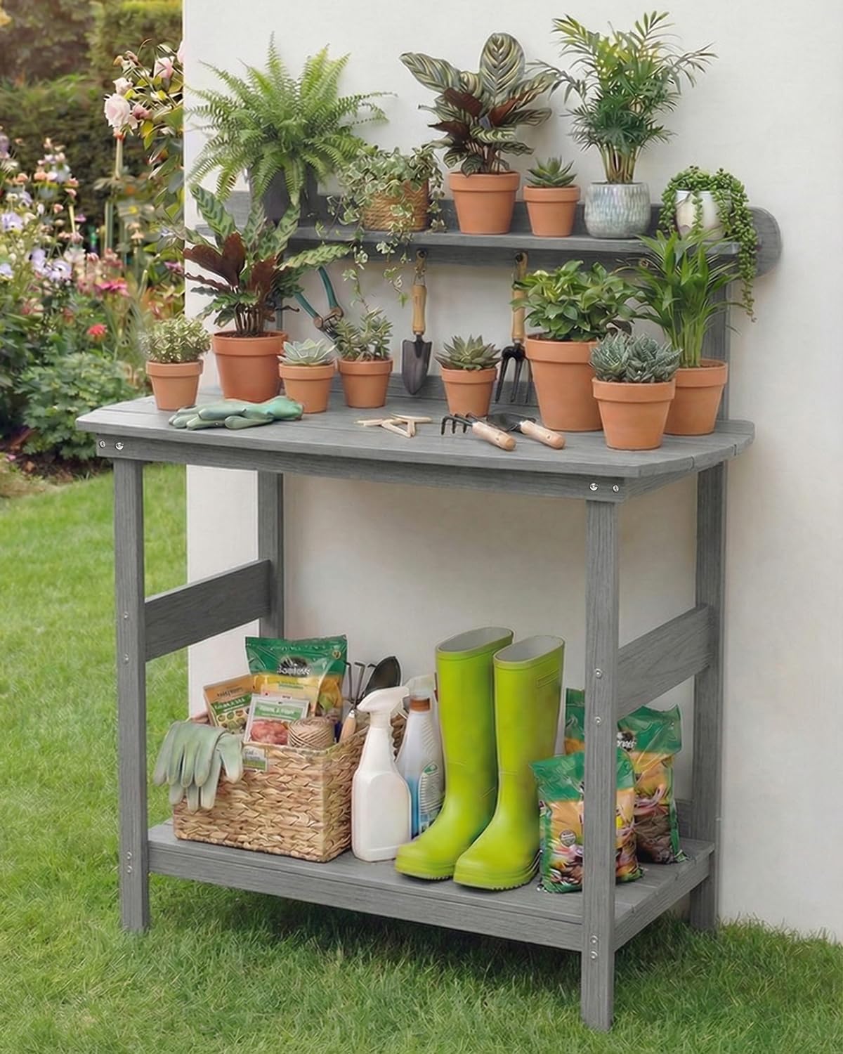 Potting Bench Table with 3-Tier Storage, HIPS Outdoor Gardening Table with 4 Self-Tapping Screws, Heavy Duty All-Weather Planting Bench with Curved Edges for Patio, Backyard, Garden(Gray)