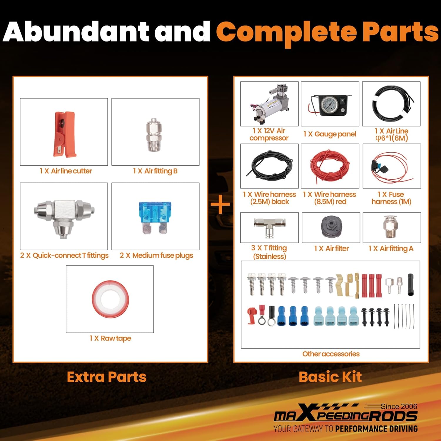 maXpeedingrods On Board Air Compressor System Up to 120 PSI Air Spring Compressor Kit with Analog Gauge Air Line T Fittings Single Path System for Trucks Vans
