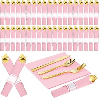 Lasnten 50 Guest Sets Pre Rolled Gold Plastic Silverware with Pink Napkins | Disposable Silverware Set, Plastic Pre-rolled with Napkins, Gold Fork Spoon Knife for Wedding, Bridal Shower, and Birthday