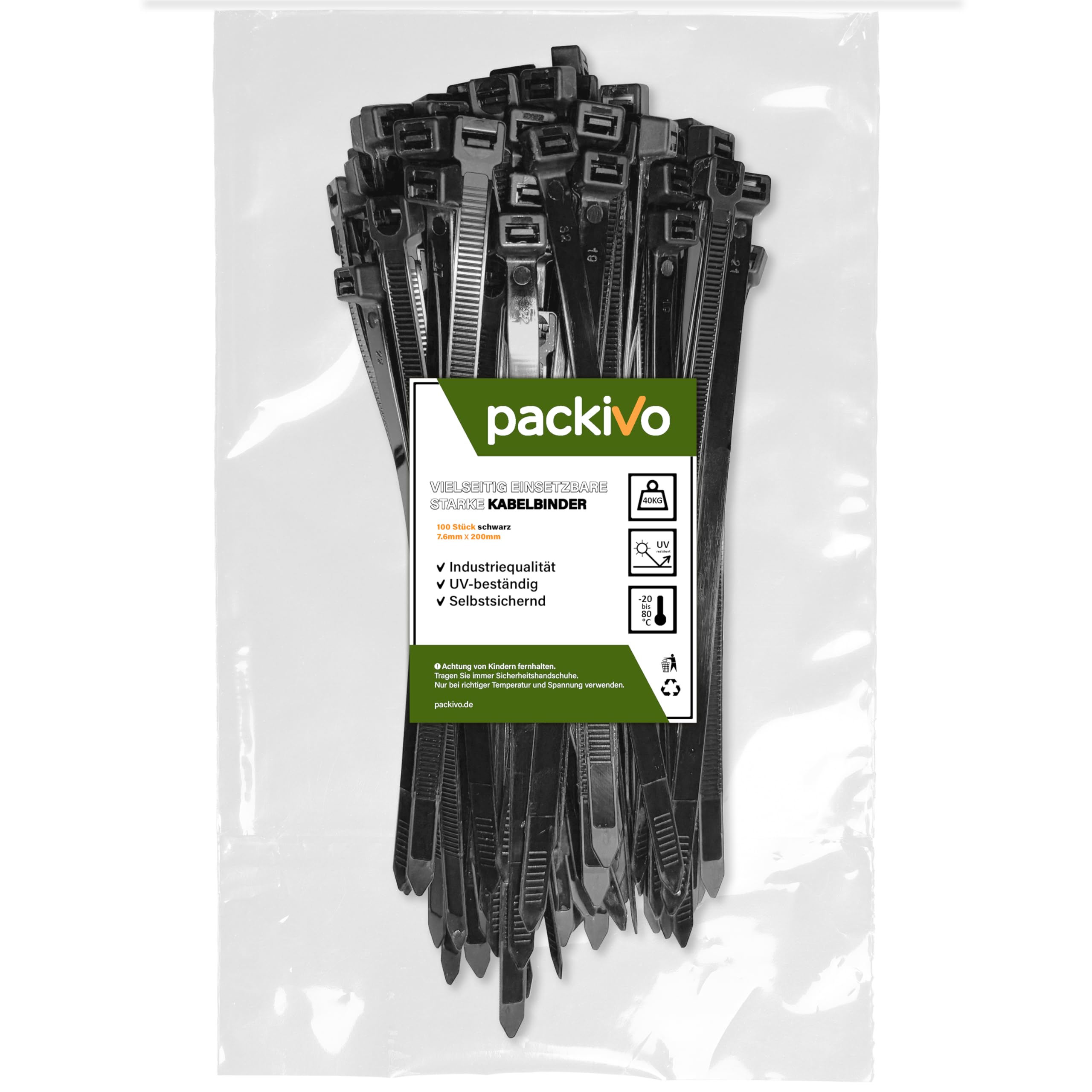PACKIVO Professional Cable Ties 7.6 x 200 mm, Pack of 100 Black Cable Ties, Industrial Quality, UV-Resistant, Tensile Strength up to 40 kg, Super Durable Cable Management, Industrial, Workshops,