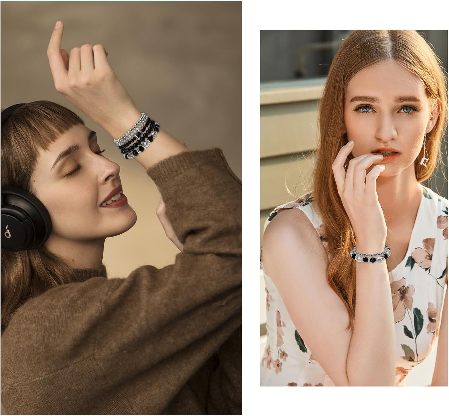 5 Pcs Costume Bracelets, Black Bracelets for Woman, Boho Beaded Bracelets, Stretch Layering Crystal Stone Beaded, Trendy Costume Jewelry Gifts for Women - Image 4