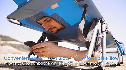 Miniatura 7 de GYMAX Silla de bronceado, tumbona plegable de playa con agujero para la cara y el brazo, respaldo ajustable, bolsillo lateral, almohada y asa