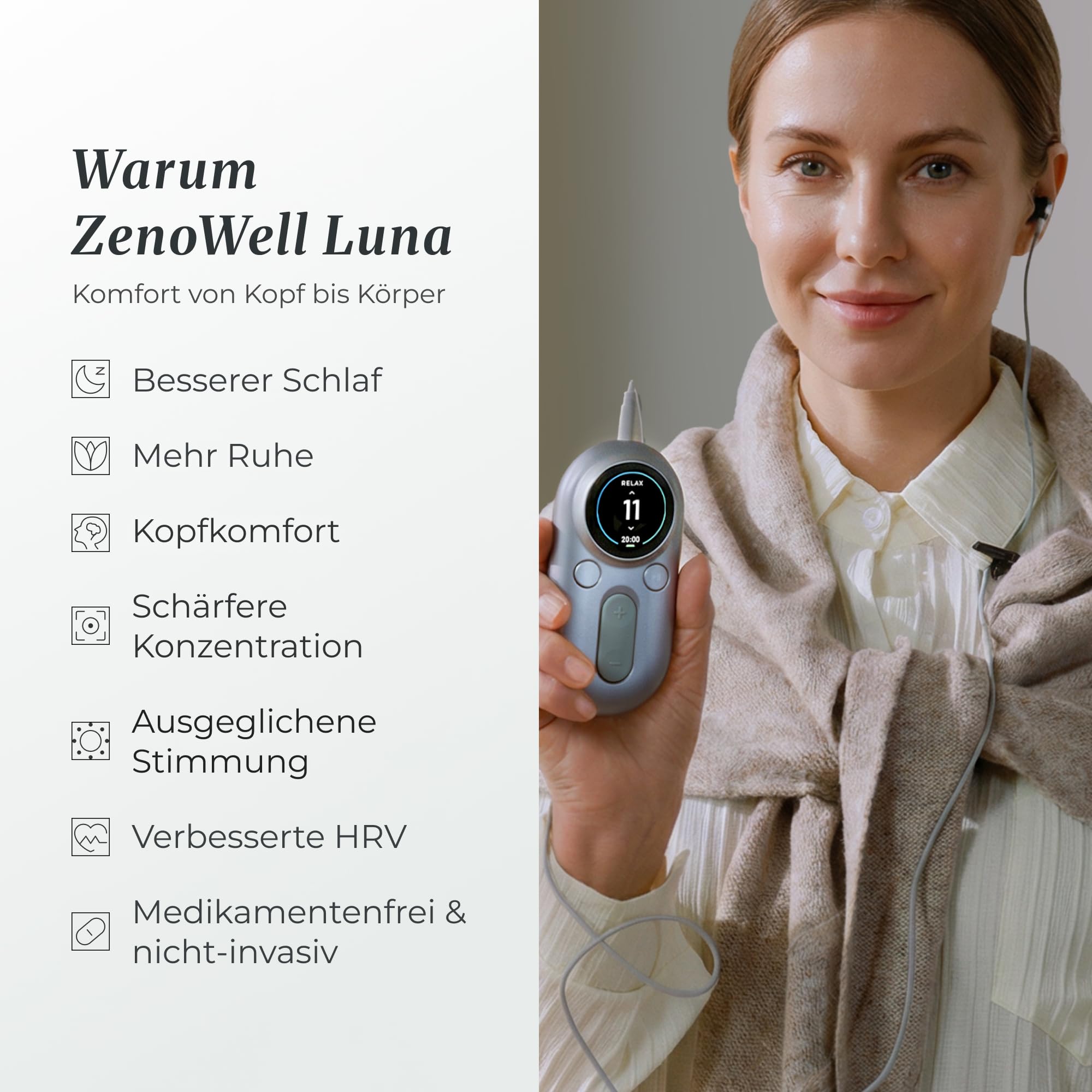 Luna Vagusnervenstimulationsgerät, Reizstromgerät der Vagus für Linderung von Kopfschmerzen, Tragbarer Nervenstimulator für besseren Schlaf, Stressabbau, Ruhe, ohne APP, Digital Detox, 4 Modi