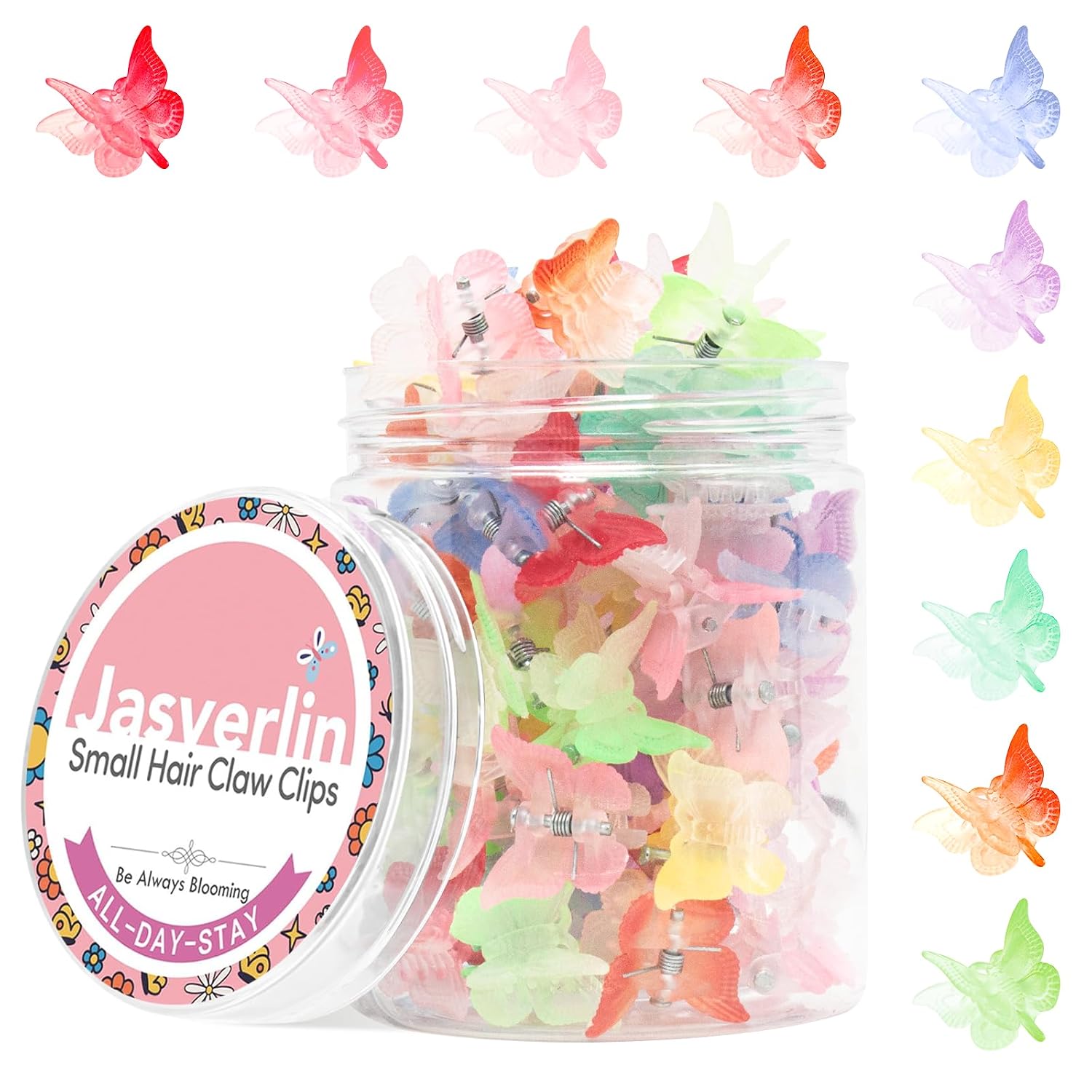 JASVERLIN Mini Butterfly Clips for Hair, Girls Y2k Hair Styling Accessories, Cute Tiny Claw Clips for Women Festival Sparkly 90s Outfits, 10 Rainbow Colors 50 Pcs (Glitter)